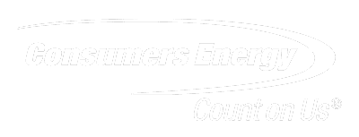 Logo of Consumers Energy with a white swoosh around the company name and the tagline Count on Us on an orange background.