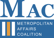 Logo of the Metropolitan Affairs Coalition MAC featuring the letters MAC in blue with gold and blue vertical bars on the left.