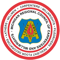 Logo of the Michigan Regional Council of Carpenters featuring a circular red and white seal with trade names around the border and a shield emblem in the center