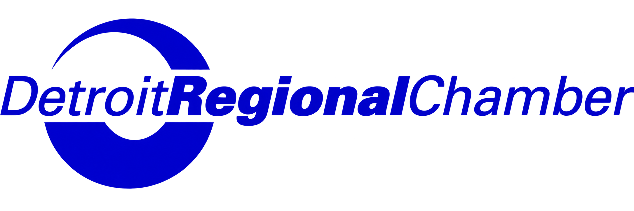 Detroit Regional Chamber logo featuring blue italicized text reading “Detroit Regional Chamber.” A large stylized circular blue graphic surrounds part of the wordmark, creating a bold and recognizable regional business organization logo.
