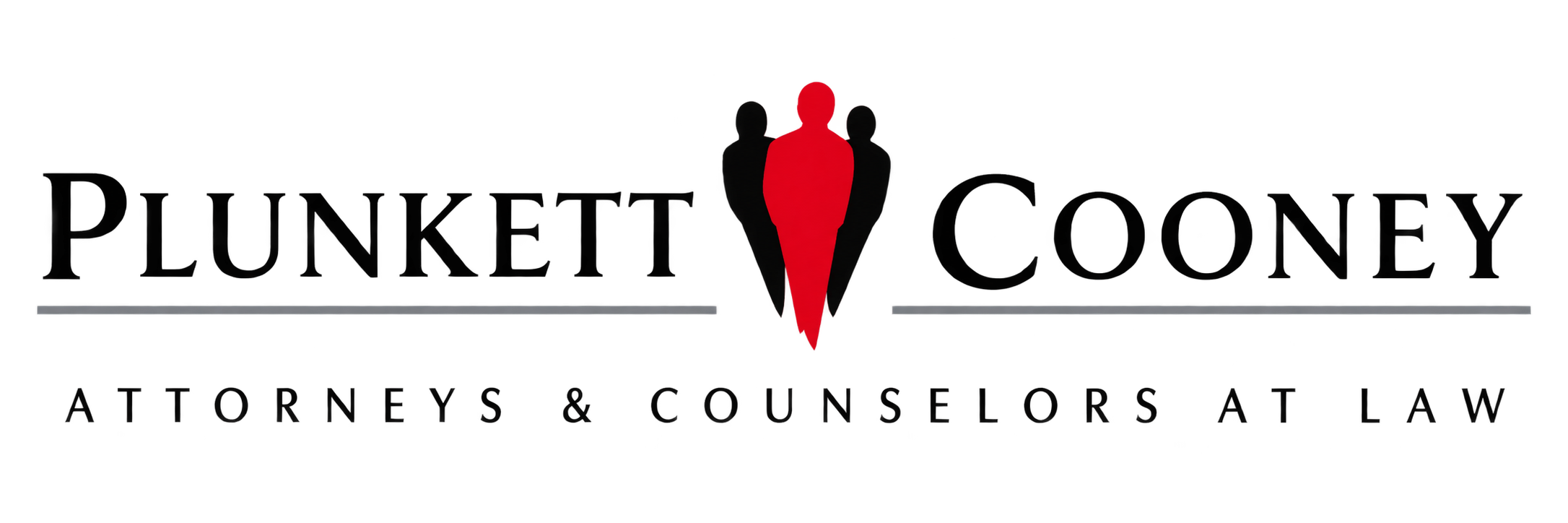 Plunkett Cooney logo featuring the firm name in black serif lettering with a red and black abstract figure symbol centered between the words. The tagline “Attorneys & Counselors at Law” appears below in uppercase letters with gray horizontal accent lines.